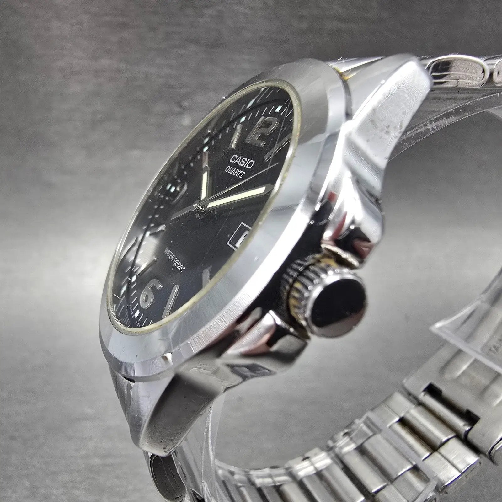 Casio Watch Men 37mm Black Dial Silver Tone Date Round MTP-1215 New Battery2