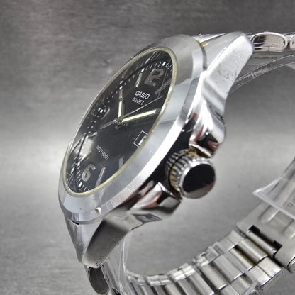 Casio Watch Men 37mm Black Dial Silver Tone Date Round MTP-1215 New Battery2