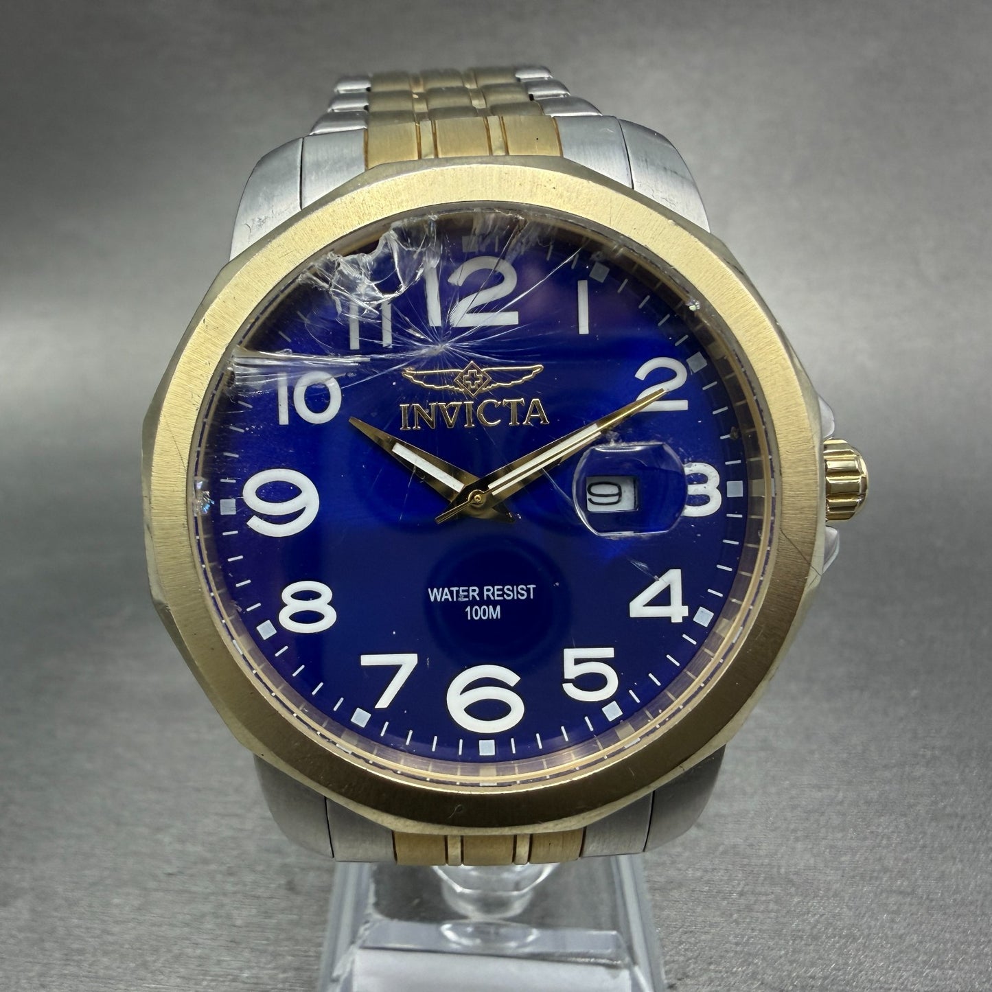 Invicta Watch Men 44mm Blue Dial Two Tone Date Round 6864 CRACKED!!! New battery0