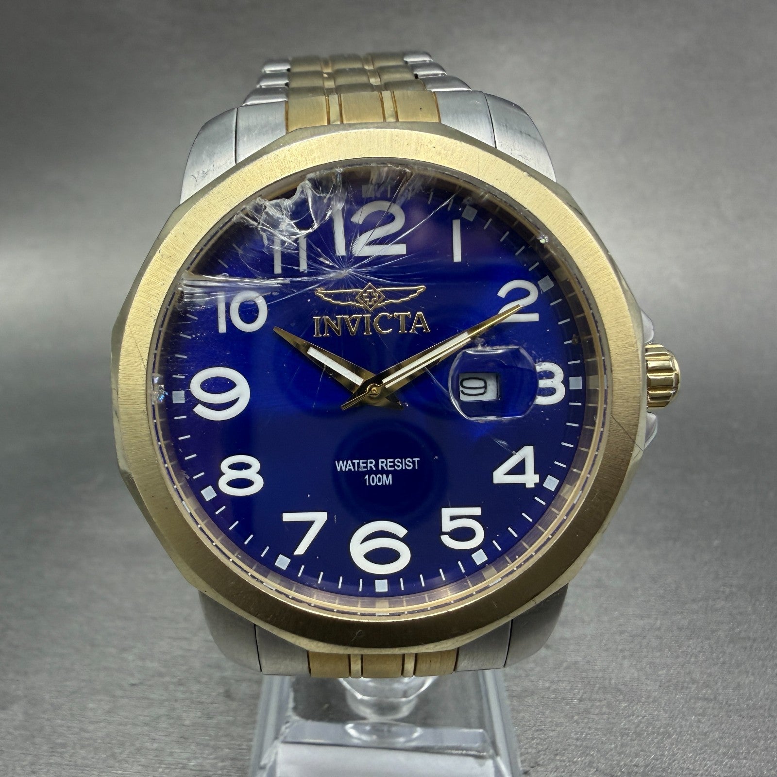 Invicta Watch Men 44mm Blue Dial Two Tone Date Round 6864 CRACKED!!! New battery0