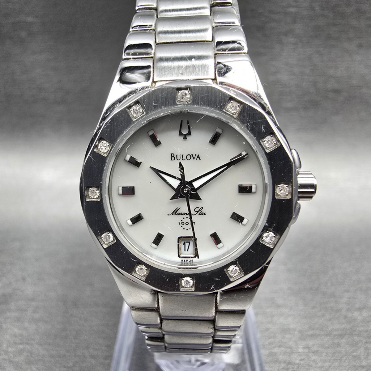 Bulova Marine Star Watch Women 25mm MOP Dial Silver Tone Date 96R24 New Battery0