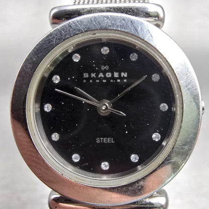 Skagen Denmark Steel Watch Women 25mm Black Dial Silver Tone 107SSSBD New Batt1