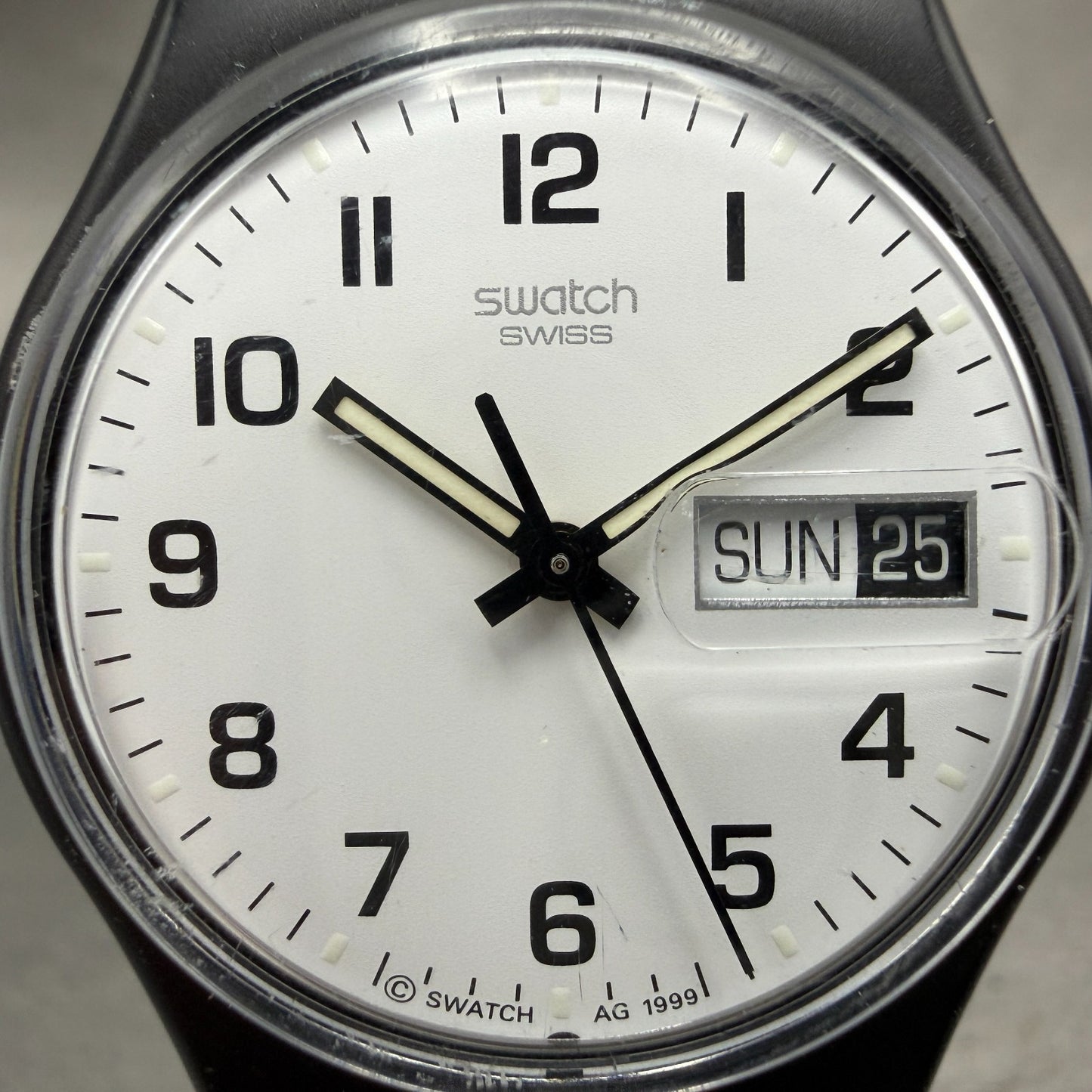 Swatch Once Again Watch Men 34mm White Dial Black Daydate GB743 Round New Batt1