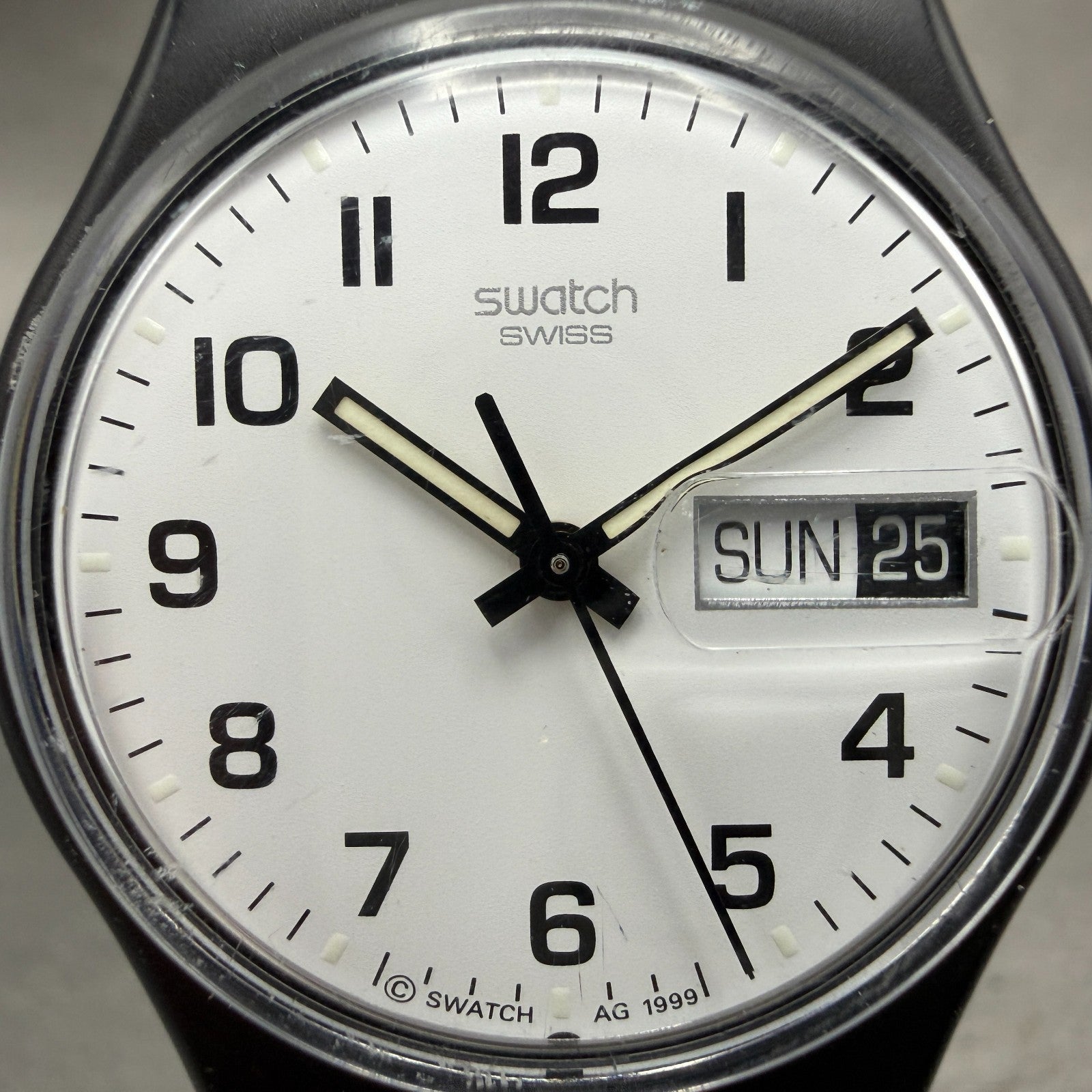 Swatch Once Again Watch Men 34mm White Dial Black Daydate GB743 Round New Batt1