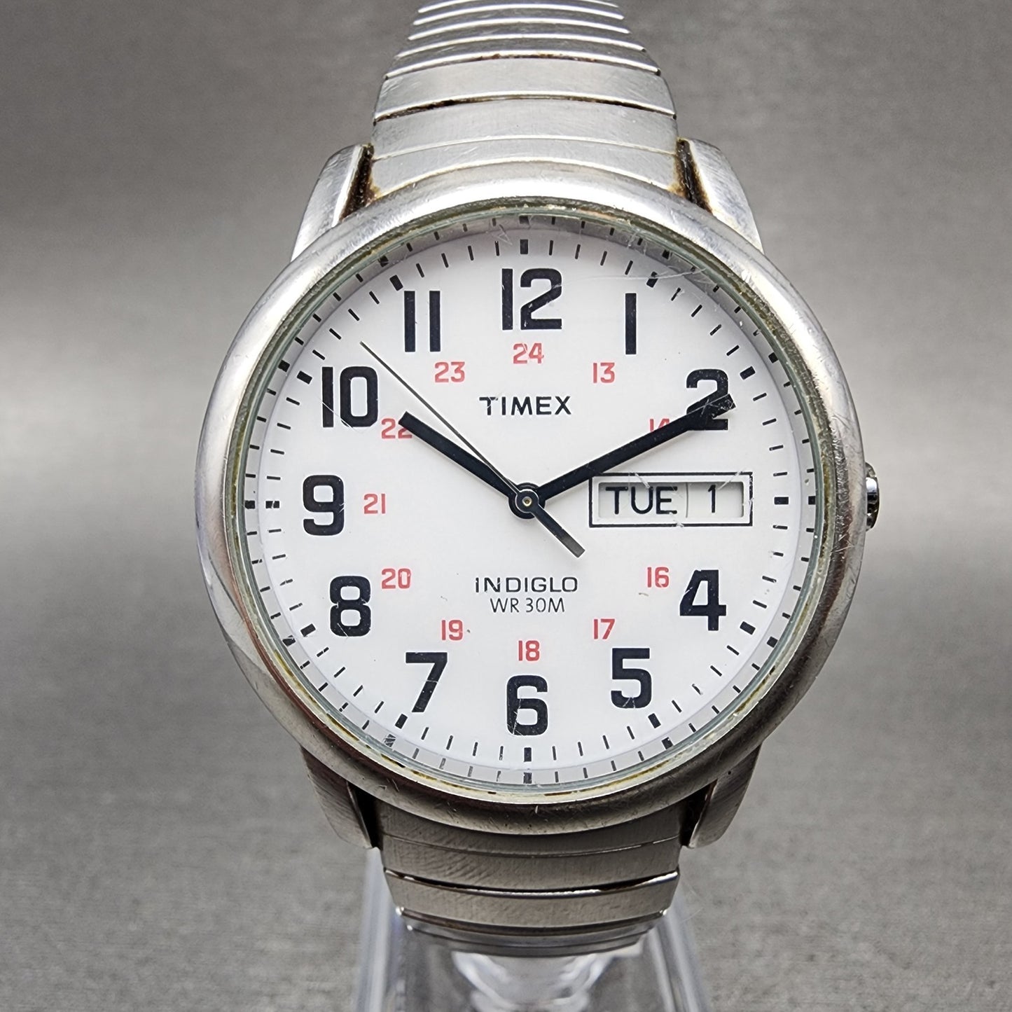 Timex Indiglo Easy Reader Watch Men 35mm White Dial Silver Tone Daydate New Batt0