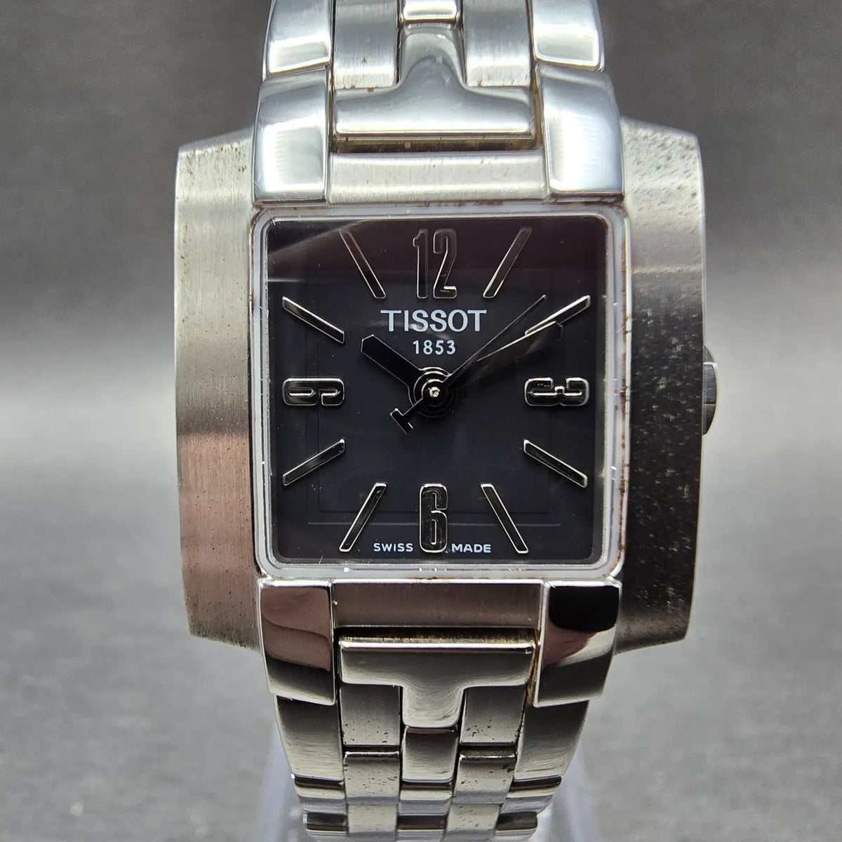Tissot T-Trend Tank Watch Women 22mm Black Dial Steel Rectangle New Battery0