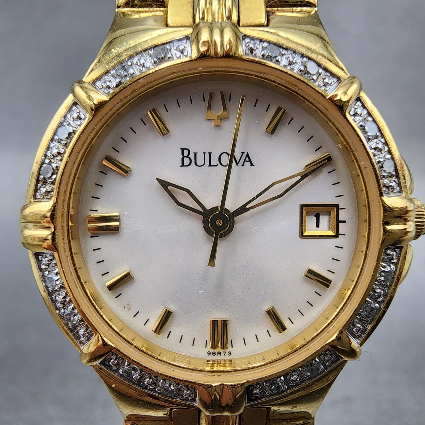 Bulova Watch Women 25mm White Dial Gold Tone Date Diamond Bezel 98R73 New Batt1