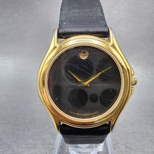 Movado Muesum Watch Women 28mm Black Dial Gold Tone Round 87D1823 New Battery0