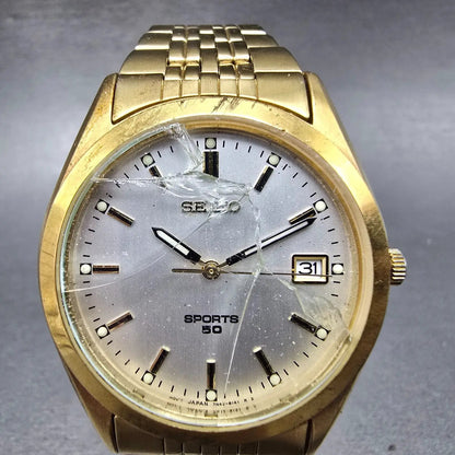 Seiko Sports 50 Watch Men 37mm Silver Dial Gold Tone Date 7N42-8079 PARTS0