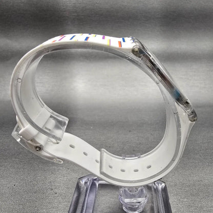 Swatch THIN LINER Watch Men Silver Dial Clear Case Round SFE108 New Battery8