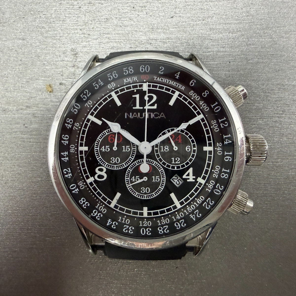 Nautica NSR-01 Chronograph Watch Men 44mm Black Dial Steel Date READ!!! New Batt0