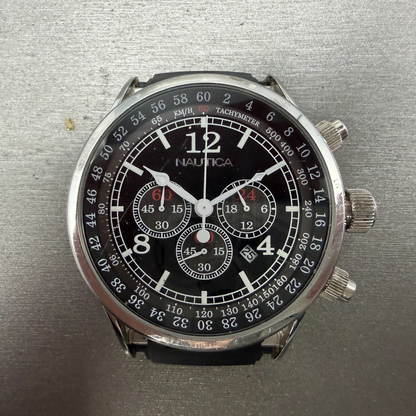 Nautica NSR-01 Chronograph Watch Men 44mm Black Dial Steel Date READ!!! New Batt0