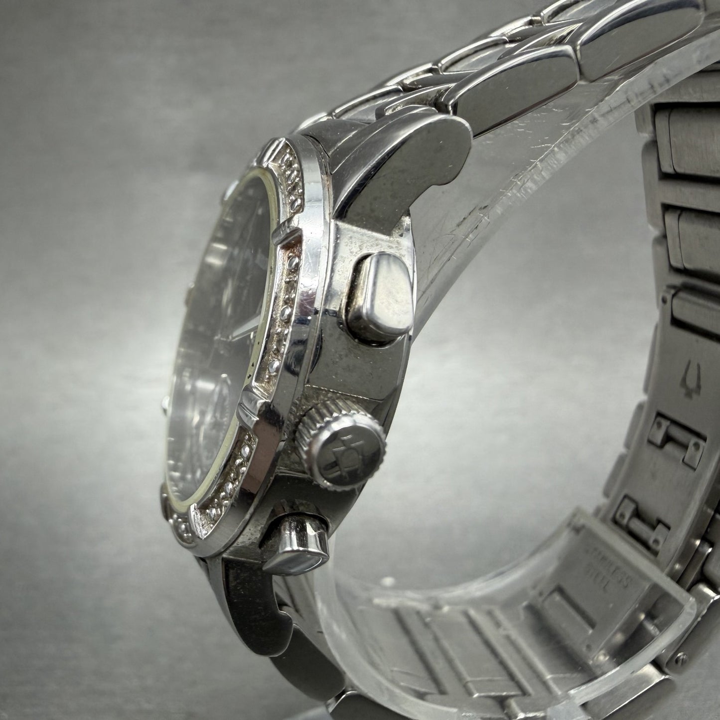 Bulova Chronograph Watch Women 30mm Black Dial Silver Tone 96R44 New Battery2