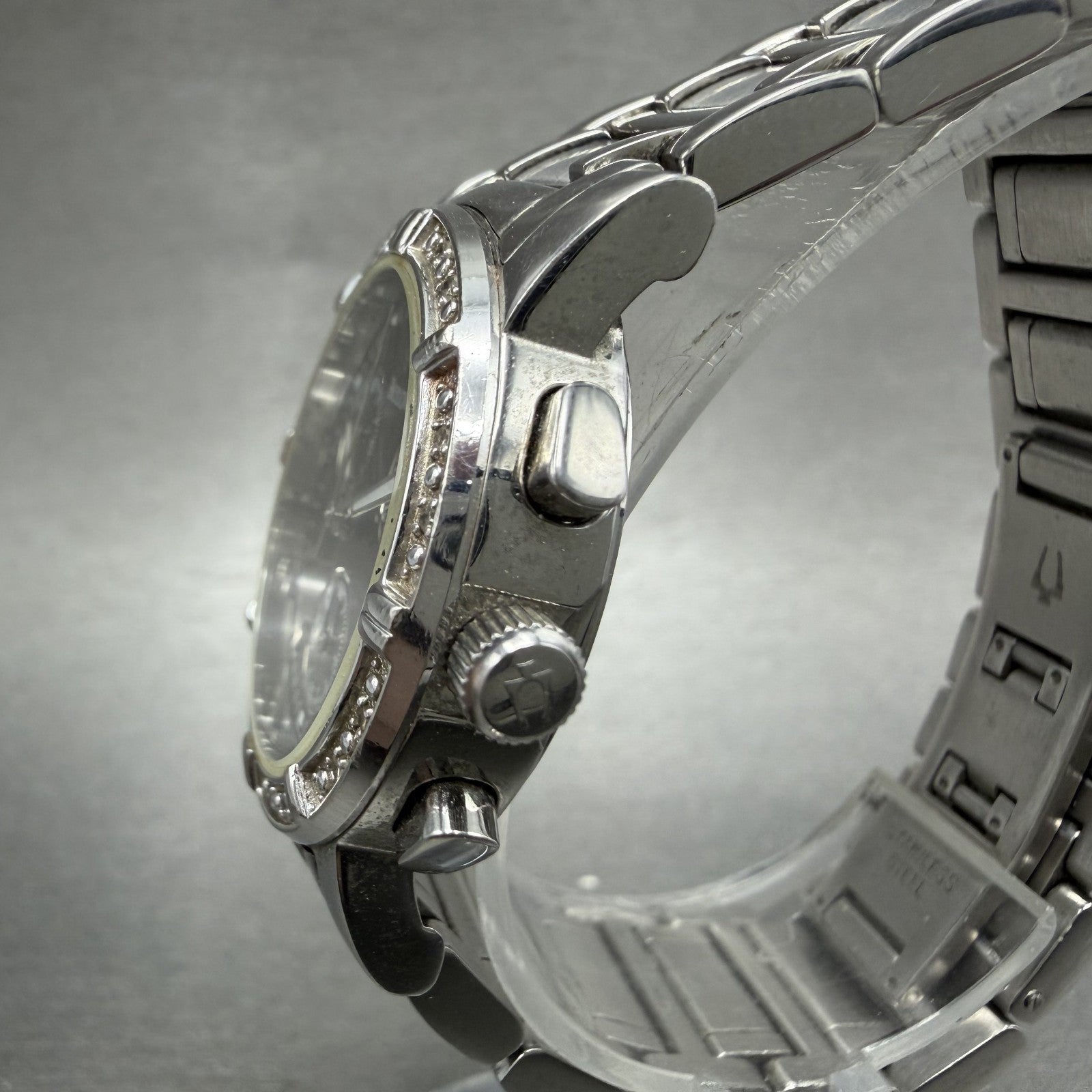 Bulova Chronograph Watch Women 30mm Black Dial Silver Tone 96R44 New Battery2