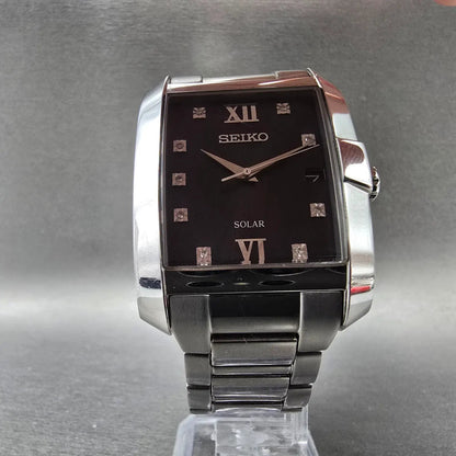 Seiko Solar Tank Watch Men 35mm Black Dial Silver Date Rectangle V157-0CC0 Runs5