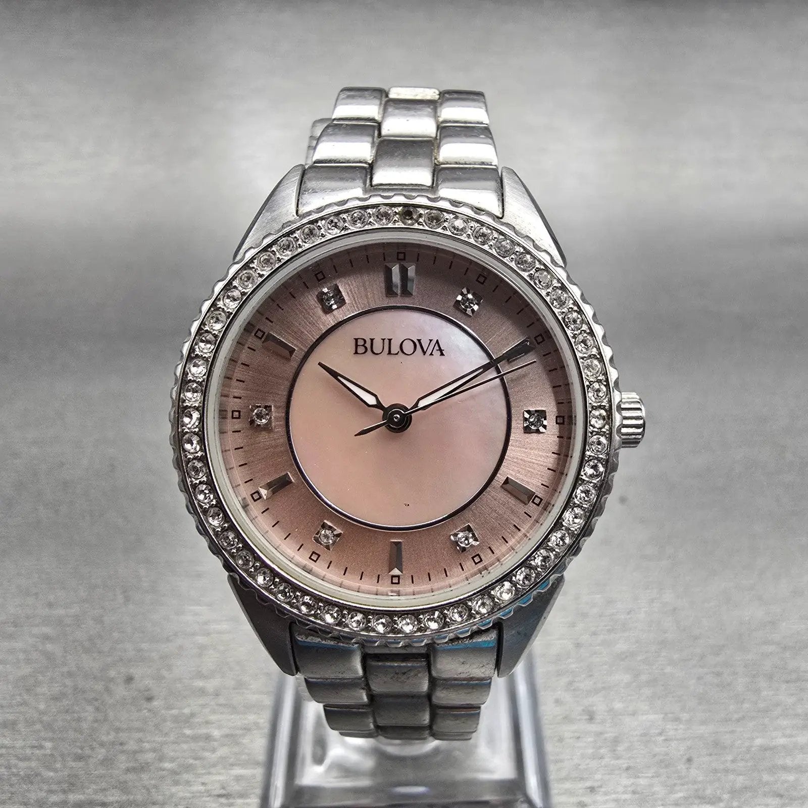 Bulova Watch Women 30mm MOP Dial Silver Tone Gemmed Round 96L218 New Battery0