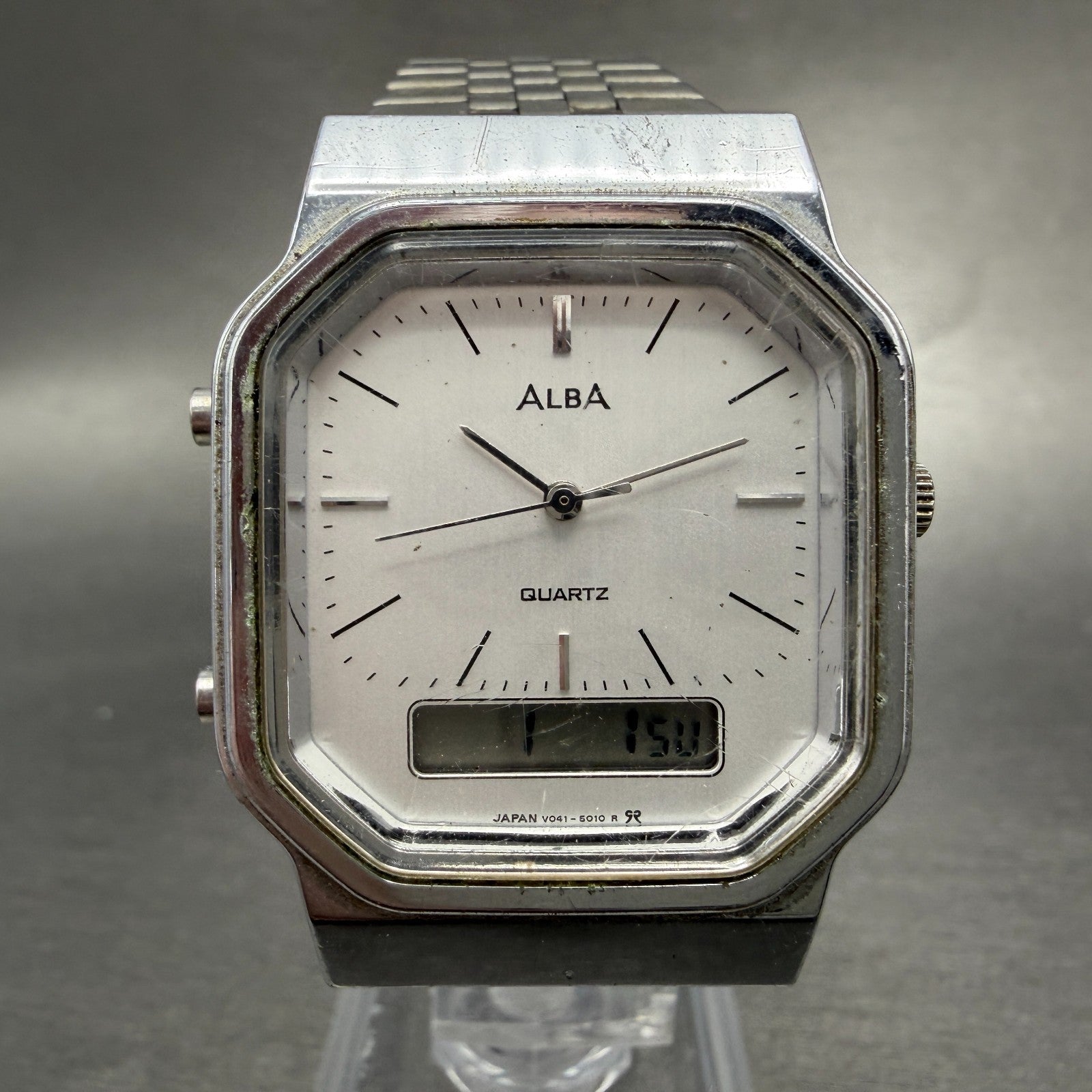 Seiko ALBA Watch Men 32mm Silver Dial Steel Analog Digital Alarm Chrono NewBat0