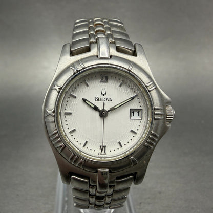 Bulova Watch Women 26mm White Dial Silver Tone Date Round 96M08 New Battery0