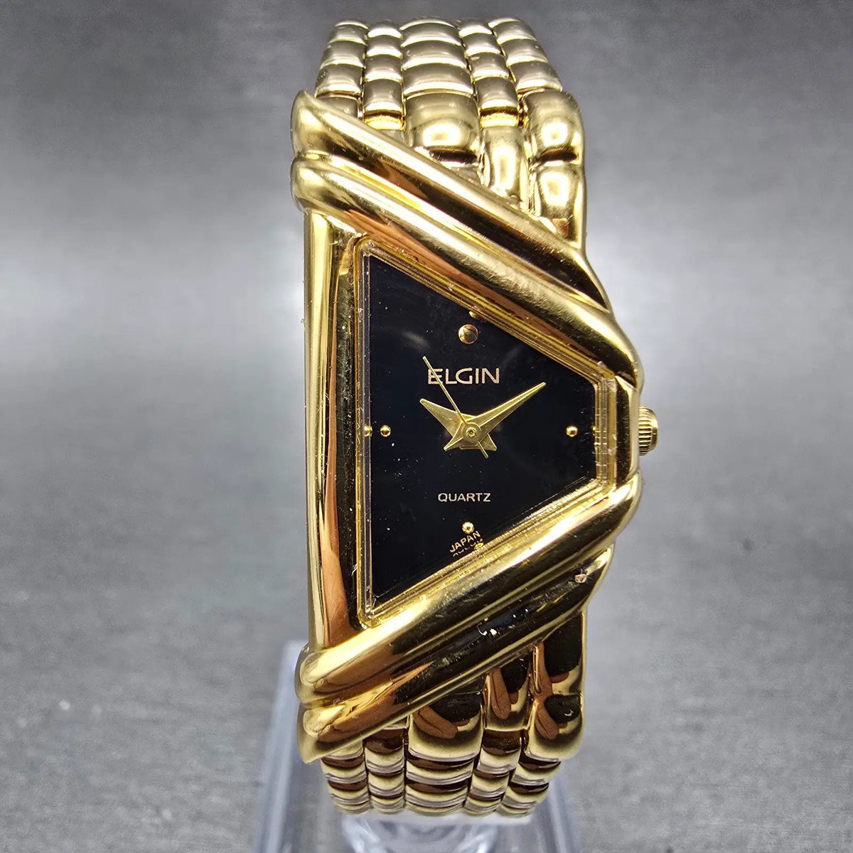 Elgin Half Moon Watch Women 18mm Black Dial Gold Asymmetrical VTG New Battery0