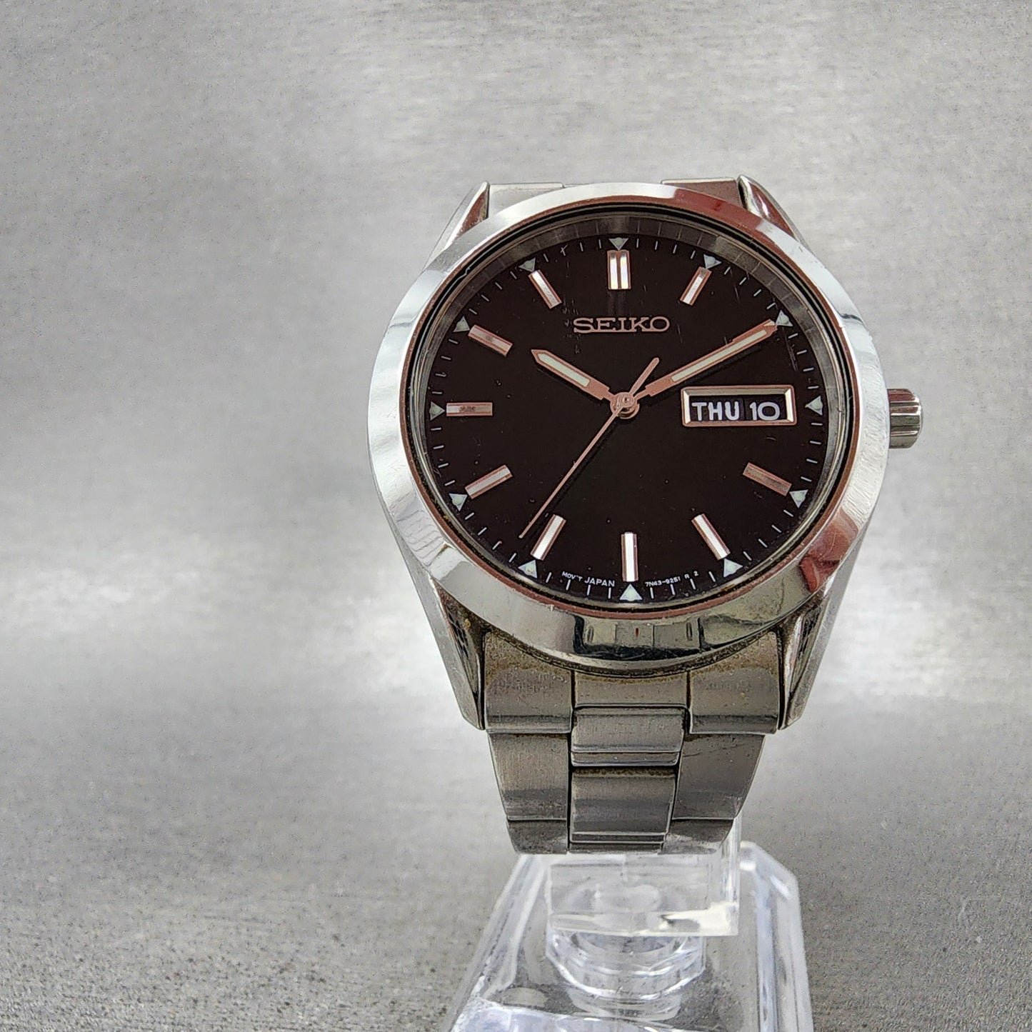 Seiko Watch Men 37mm Black Dial Silver Tone Daydate Round 7N439070 New Battery5