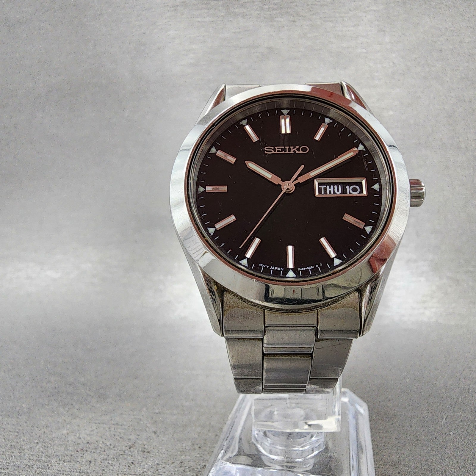 Seiko Watch Men 37mm Black Dial Silver Tone Daydate Round 7N439070 New Battery5