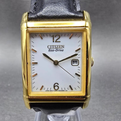 Citizen Eco-Drive Tank Watch Men 25mm White Dial Gold Rectangle Date Runs Jp0