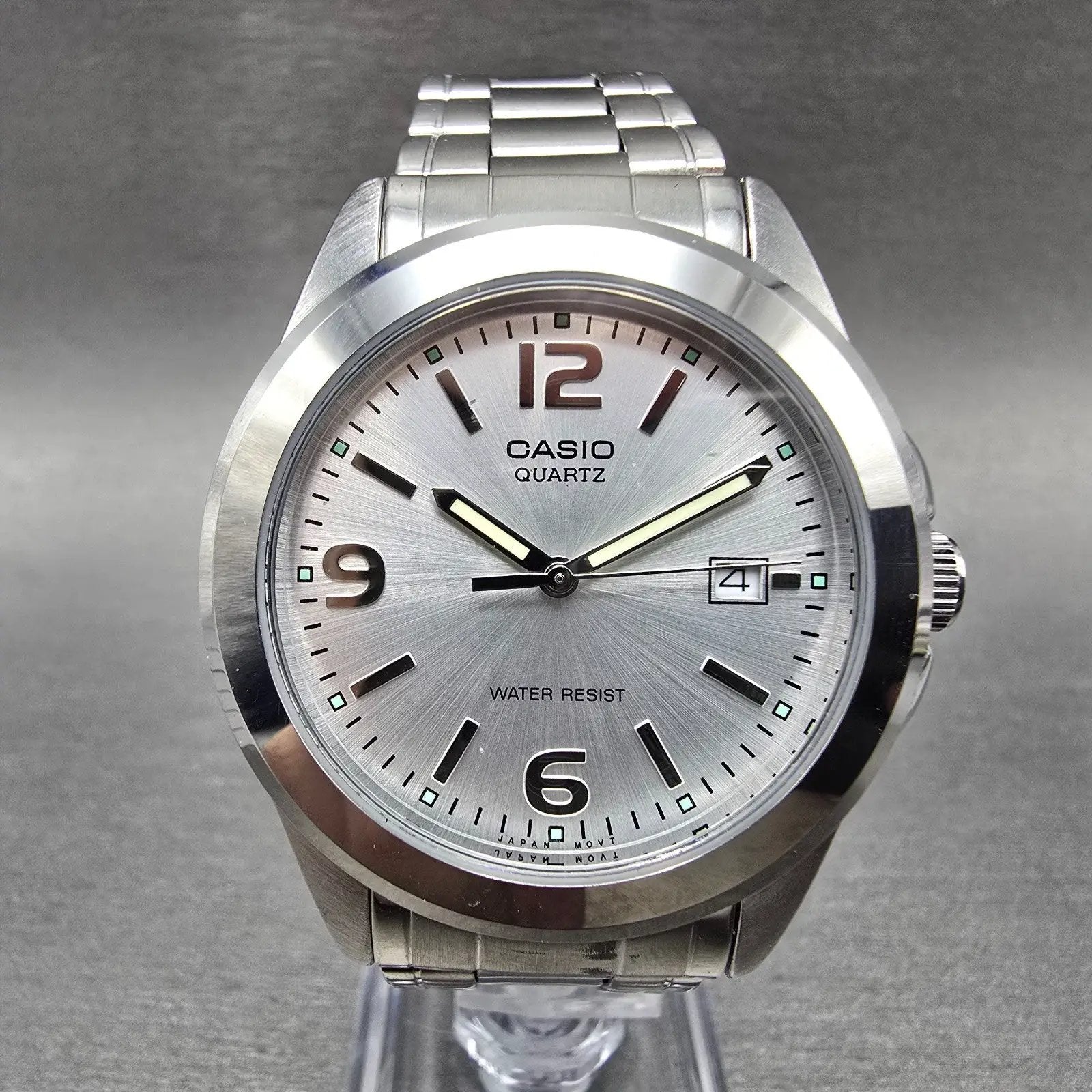 Casio Watch Men 37mm Silver Tone Date Round MTP-1215 New Battery Bracelet0
