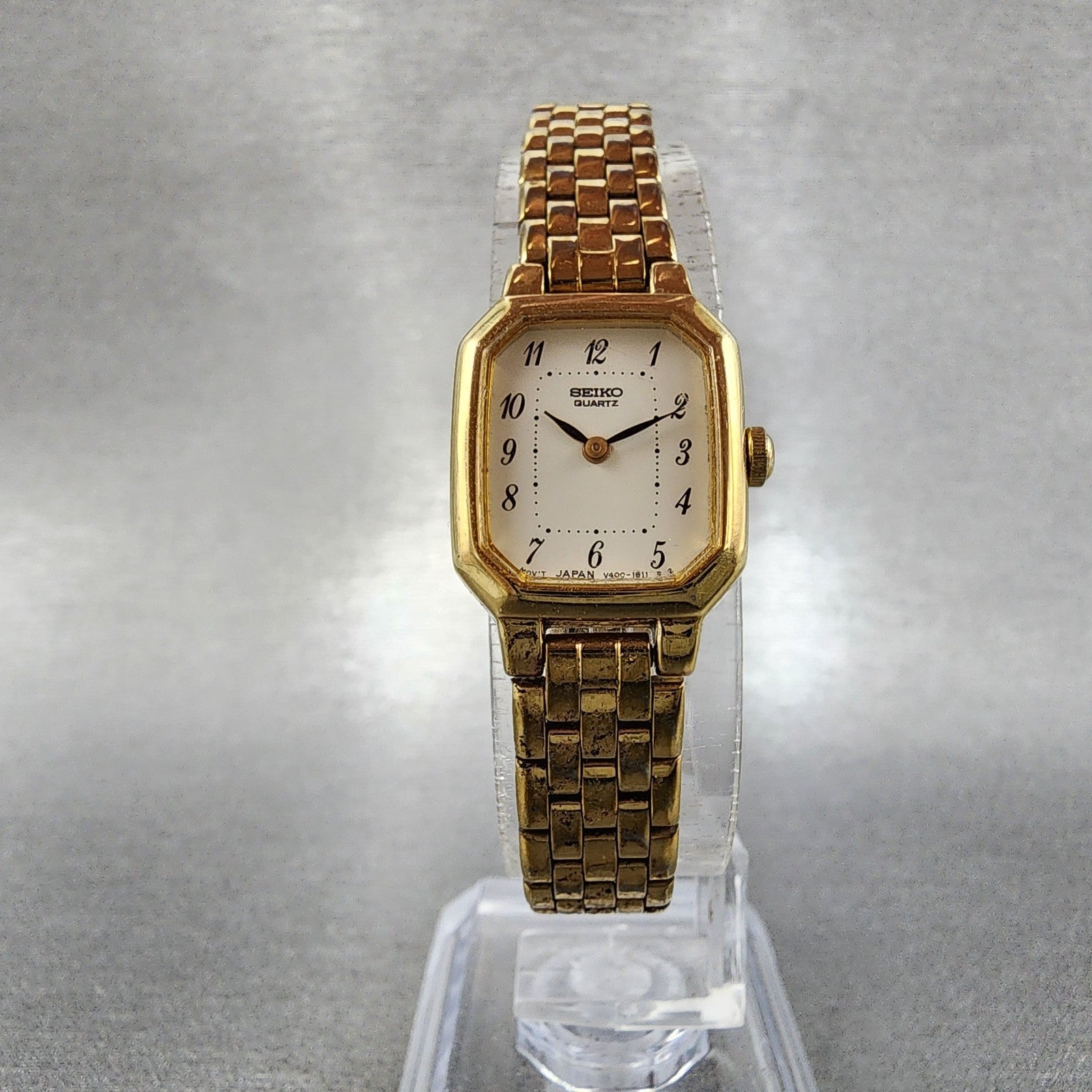 Seiko Tank Watch Women 17mm Cream Dial Gold Tone Rectangle V4005608 New Battery5