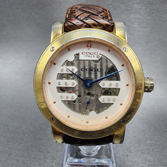 COGU Skeleton Watch Men 42mm Skeleton Dial Gold Tone Automatic Leather Band Runs