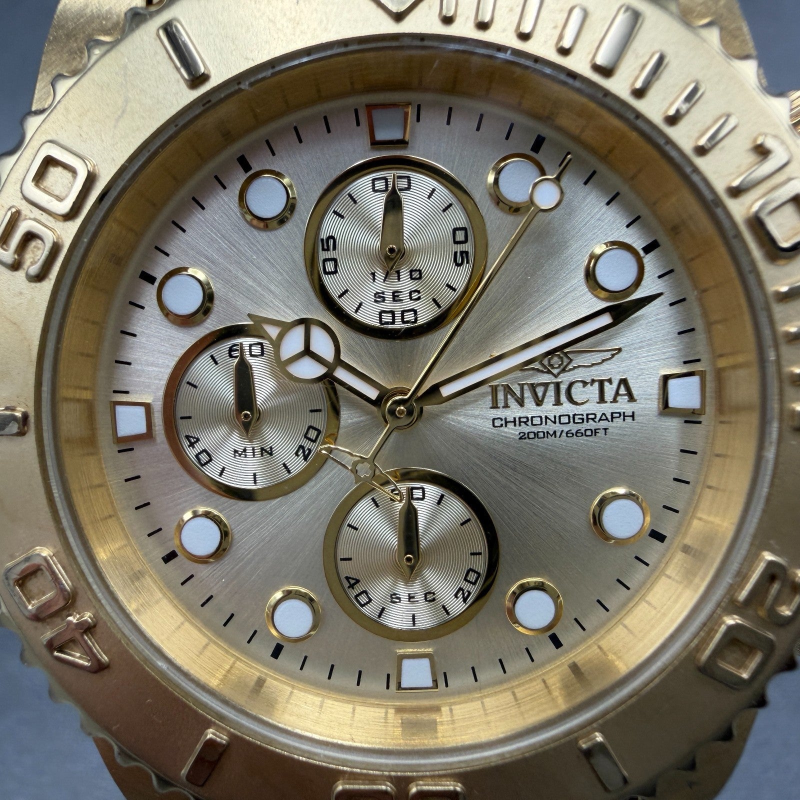 Invicta Pro Diver 1774 Chronograph Watch Men 44mm Champagne Dial Gold Tone Runs1
