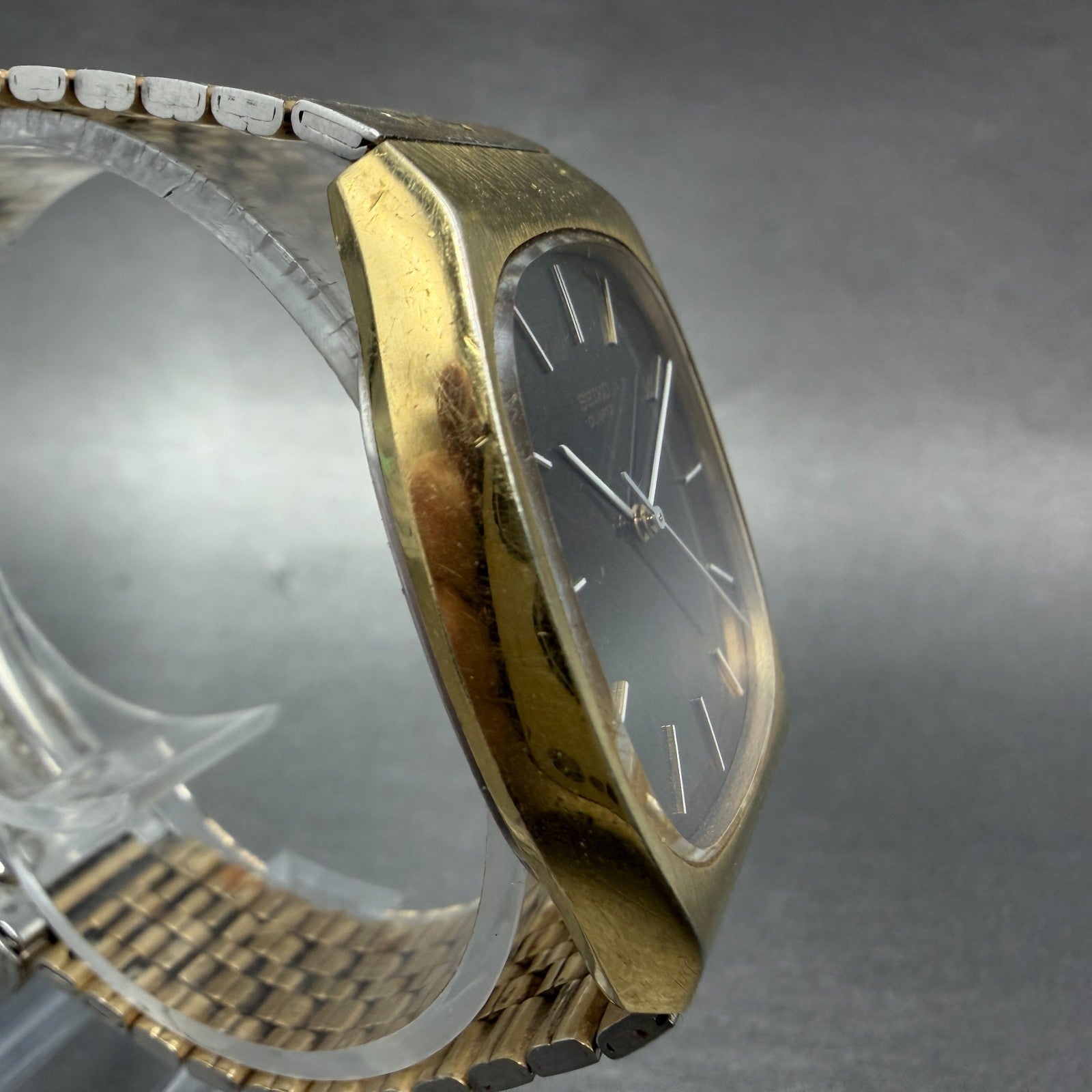 Seiko Watch Men 32mm Brown Dial Gold Tone Rectangle 7810-5069 New Battery VTG3