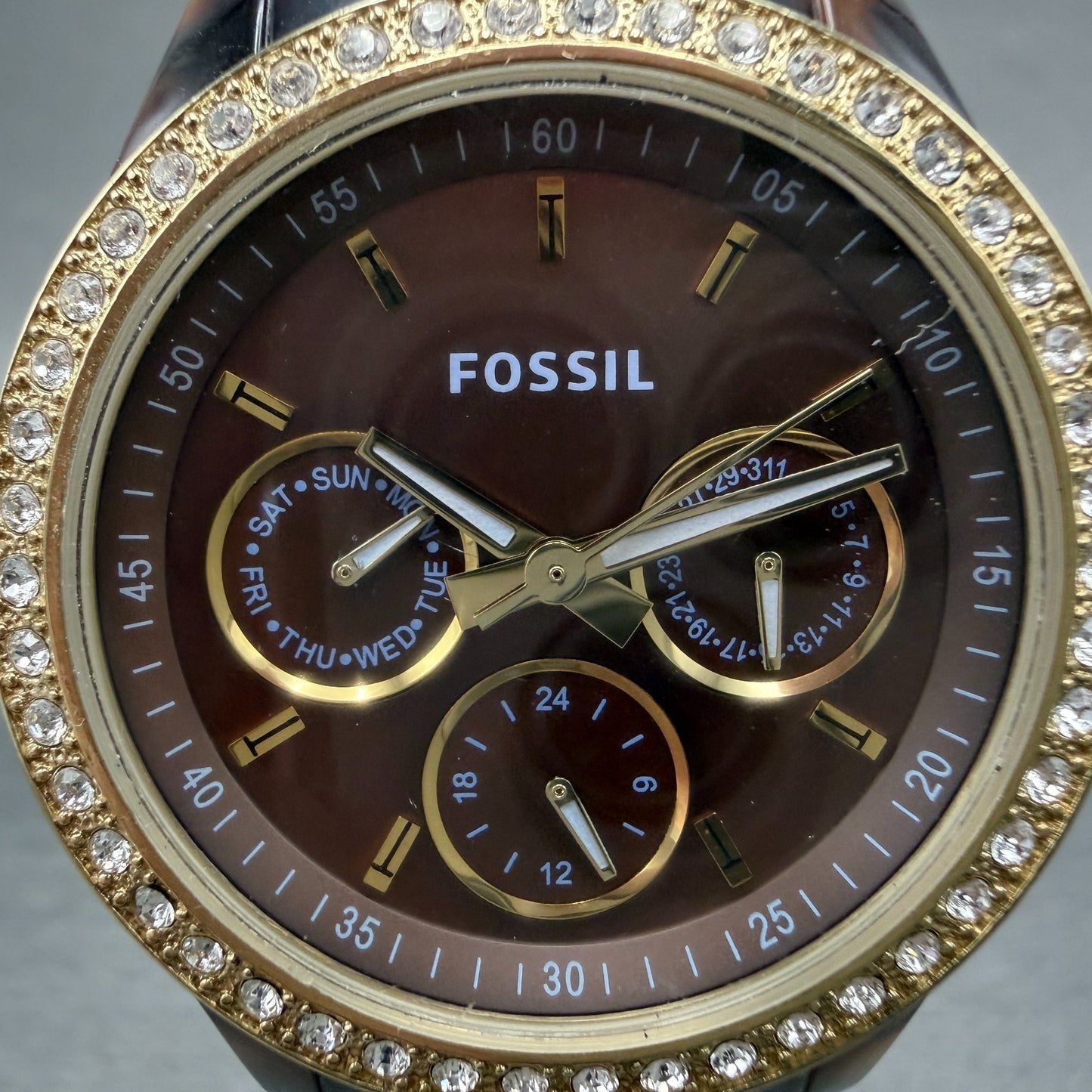 Fossil Stella Watch Women 37mm Brown Dial Brown Tortoise Daydate ES2795 New batt1