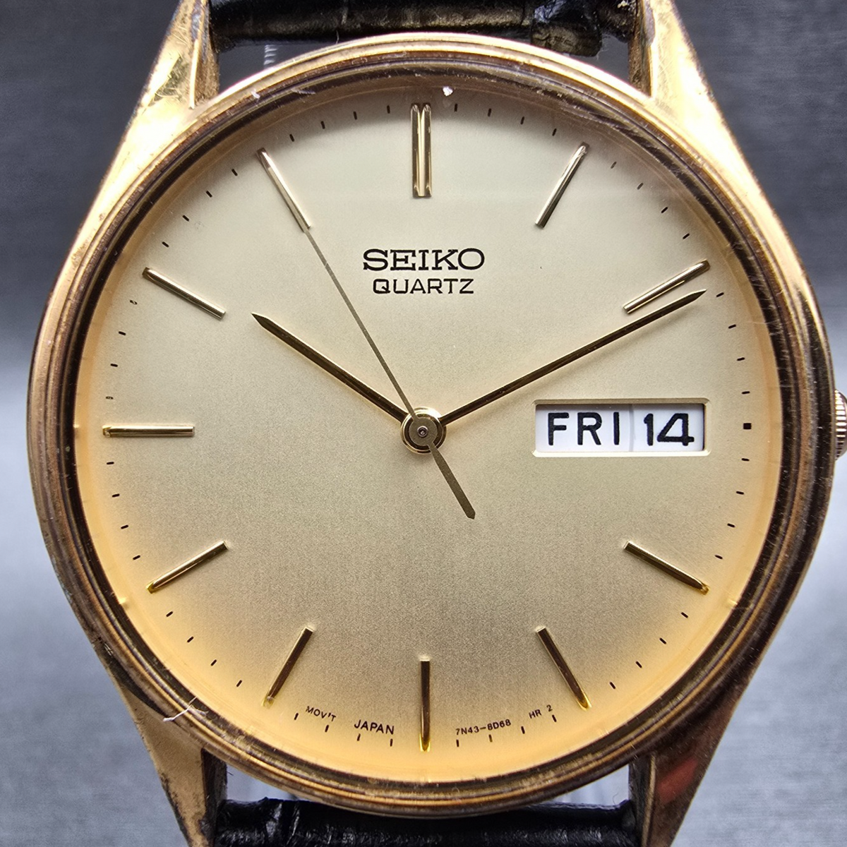 Seiko Watch Men 34mm Champagne Dial Gold Tone Daydate Round 7N43-8A89 New Batt X1