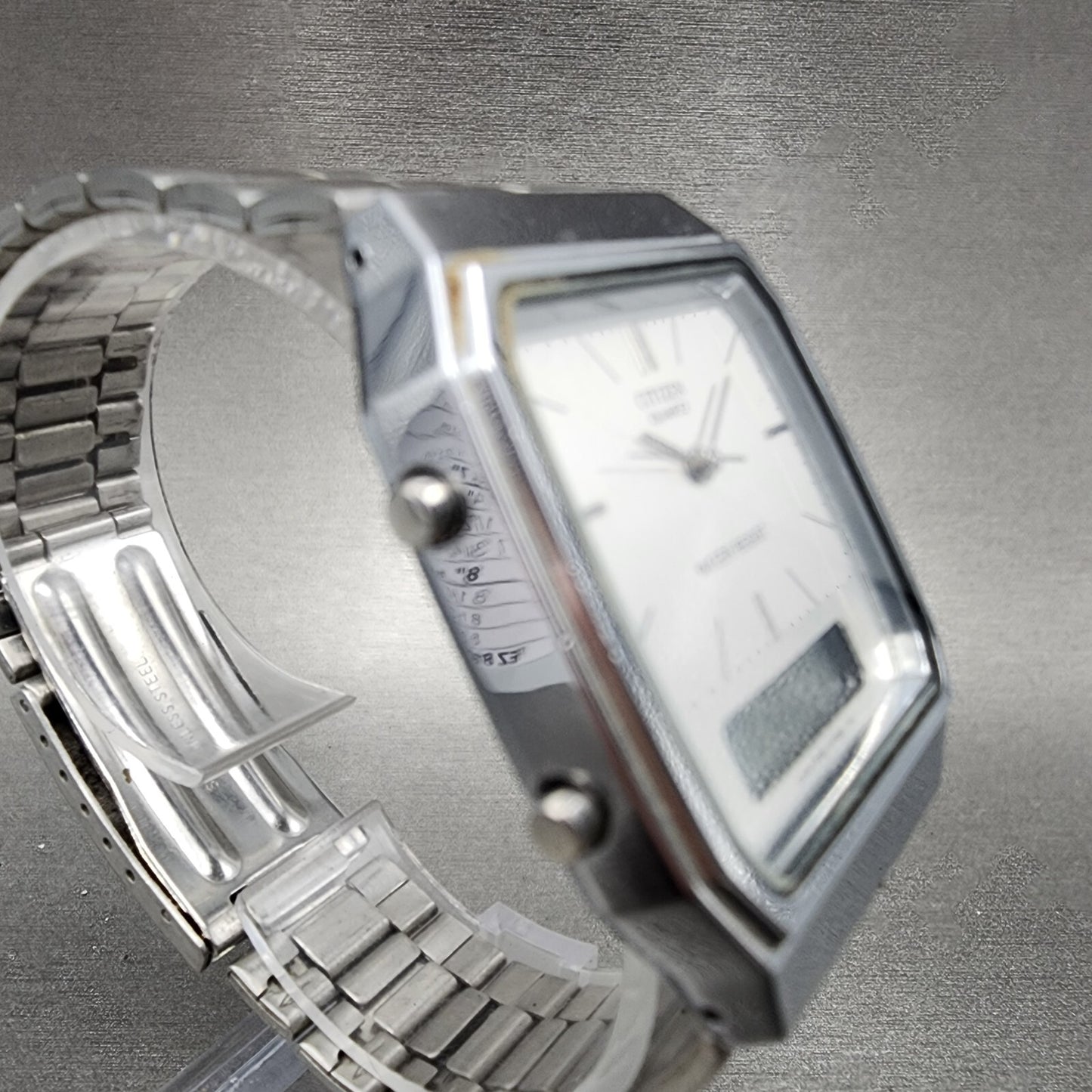 Citizen Analog Digital Watch Men 32mm Silver Dial Silver Tone Rectangle New Batt