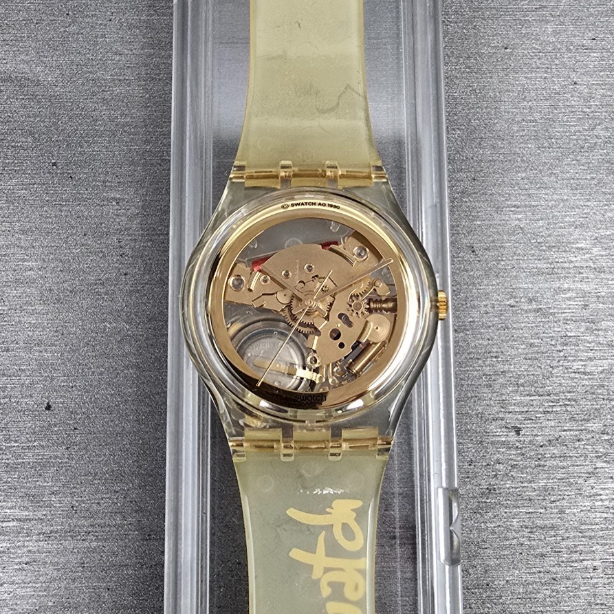 Swatch Golden Jelly Watch Men 34mm Skeleton Dial Clear Case GZ115 New Batt NOS0