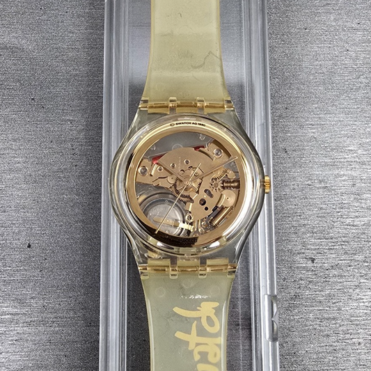 Swatch Golden Jelly Watch Men 34mm Skeleton Dial Clear Case GZ115 New Batt NOS0