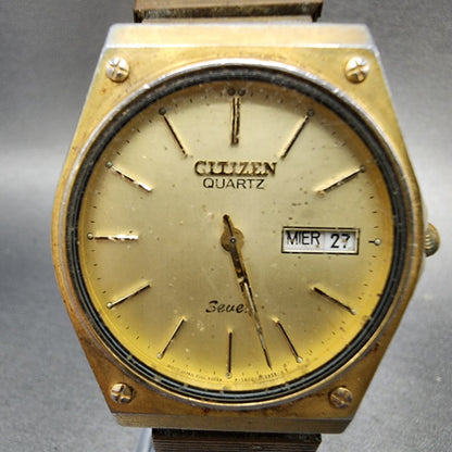 Citizen Seven Watch Men 35mm Champange Dial Gold Tone Daydate 1400-282949 PARTS