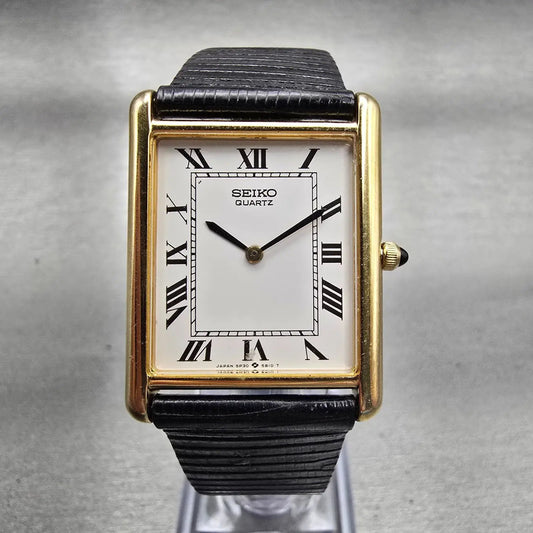 Seiko Tank Watch Men 26mm White Dial Gold Tone Rectangle 5P30-5A89 New Battery0