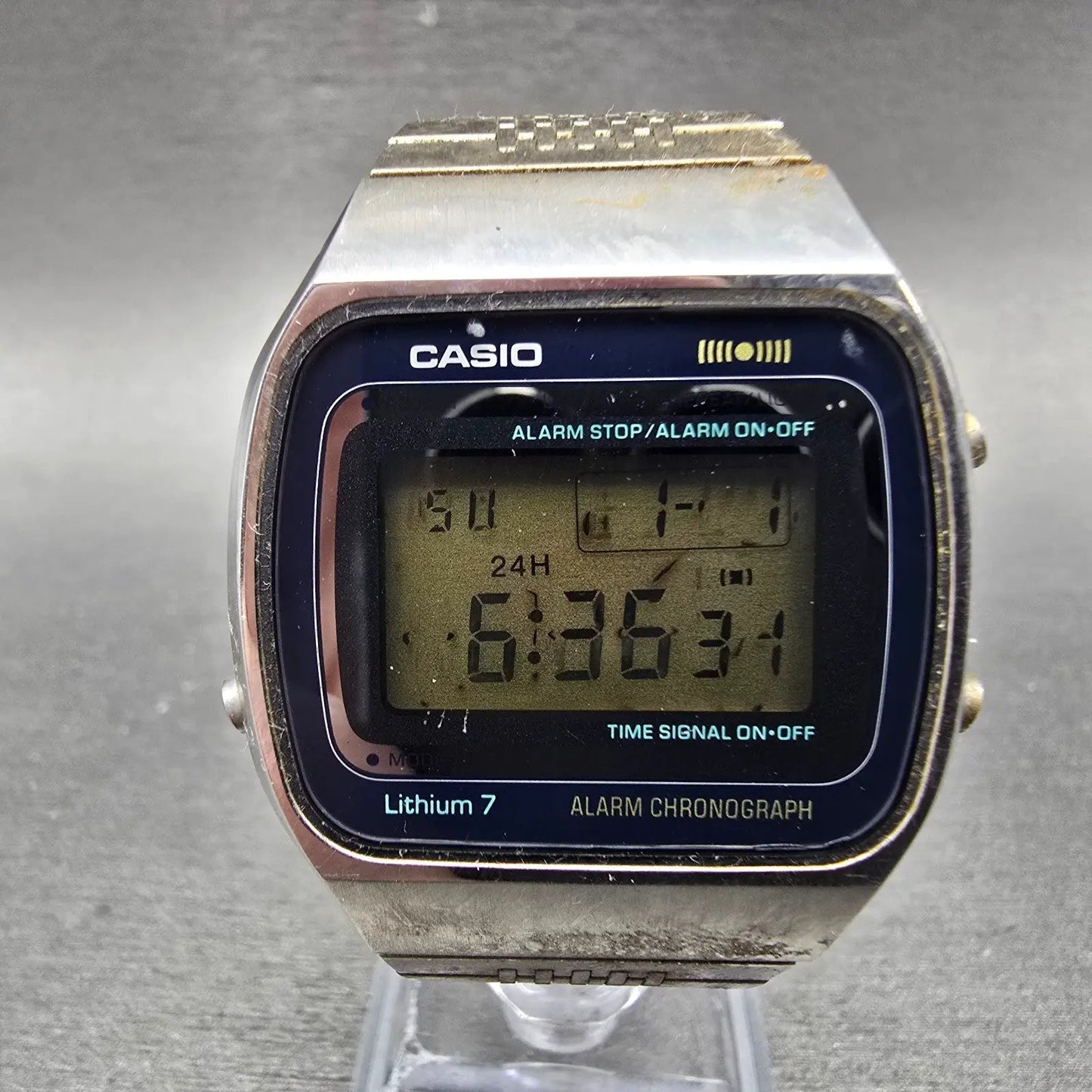 Casio S003 Watch Men 36mm Blue Dial Silver Rectangle Alarm Chronograph New Batt0