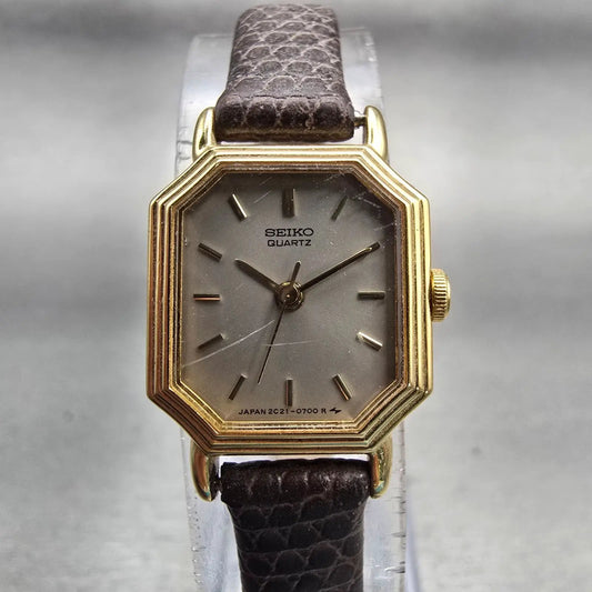 Seiko Watch Women 16mm Gray Dial Gold Tone Octagon 2C21-5279 New Battery Vintage0
