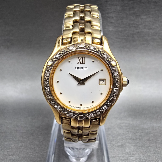Seiko Watch Women 26mm White Dial Gold Tone Date Diamonds 7N89-0449 New Battery0