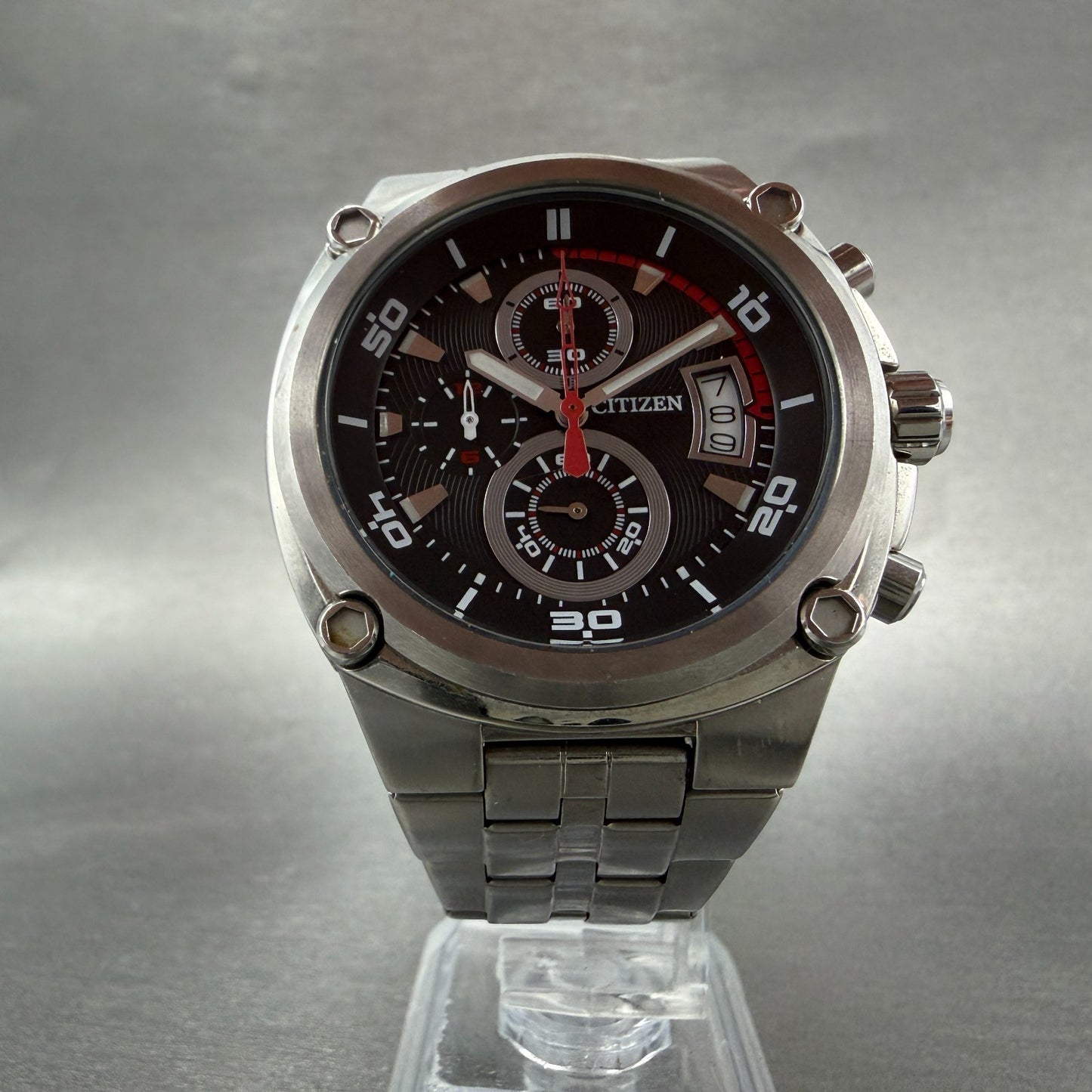 Citizen Chronograph Watch Men 44mm Black Dial Steel Date Round 0510 New battery5