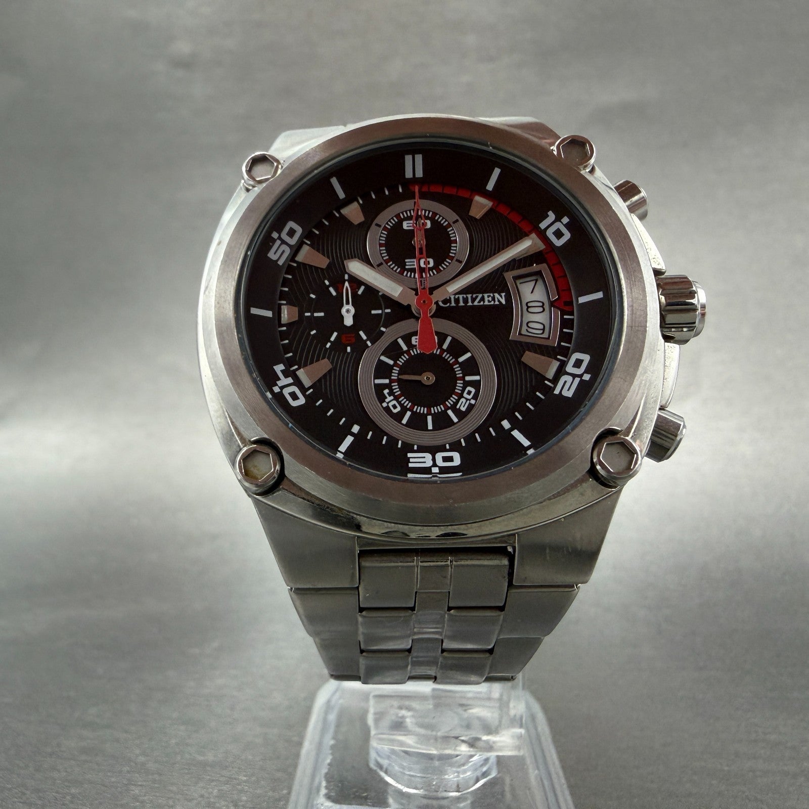 Citizen Chronograph Watch Men 44mm Black Dial Steel Date Round 0510 New battery5