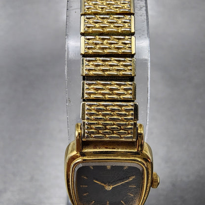 VTG Seiko Watch Women 17mm Black Dial Gold Tone Rectangle 1N00-5K29 New Battery