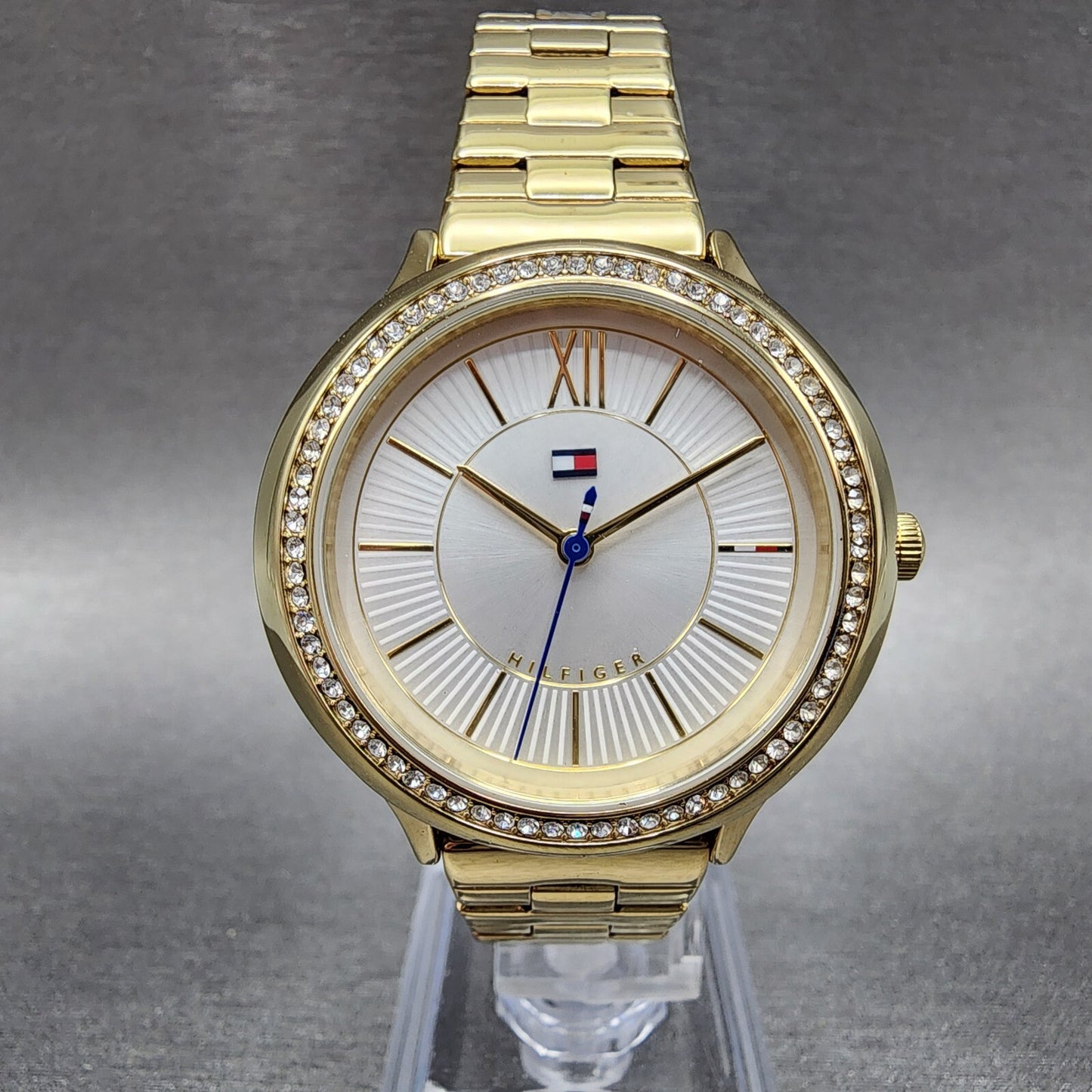 Tommy Hilfiger Watch Women 36mm White Dial Gold Tone Crystal Bezel Round Newbatt0