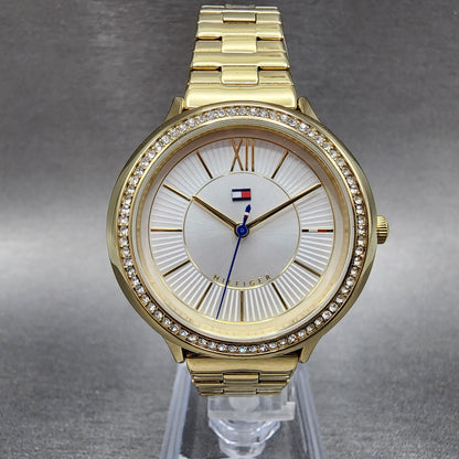 Tommy Hilfiger Watch Women 36mm White Dial Gold Tone Crystal Bezel Round Newbatt0