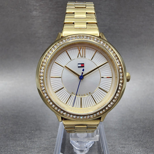 Tommy Hilfiger Watch Women 36mm White Dial Gold Tone Crystal Bezel Round Newbatt0