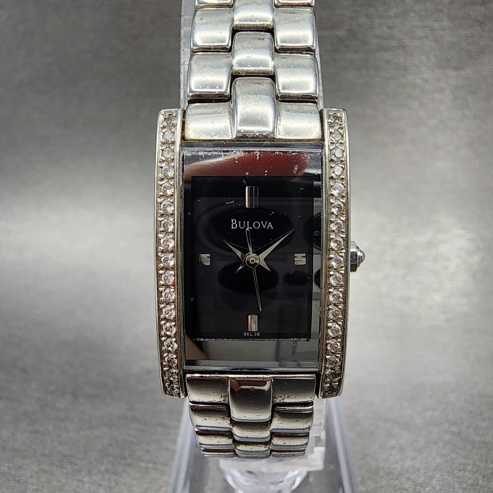 Bulova Tank Watch Women 18mm Black Dial Steel Crystals Rectangle New Battery0