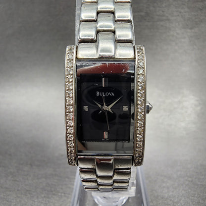 Bulova Tank Watch Women 18mm Black Dial Steel Crystals Rectangle New Battery0