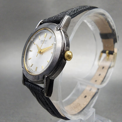 VTG Seiko Watch Women 22mm Silver Dial Black Tone Round 1N010A29 New Battery A16